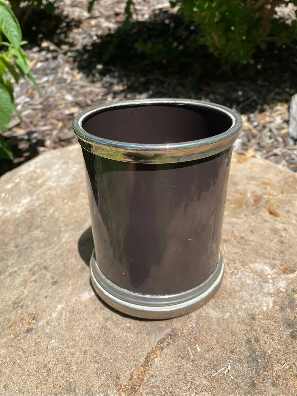 Classic Dark Brown Metal Decorative Holder with Silver Trim 4” high